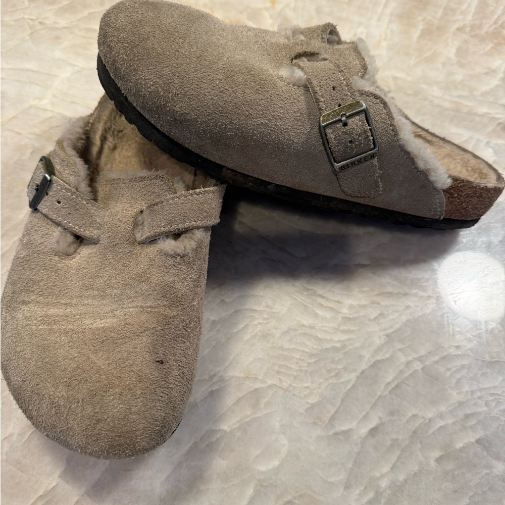 Birkenstock Taupe Fuzzy Lined Clogs